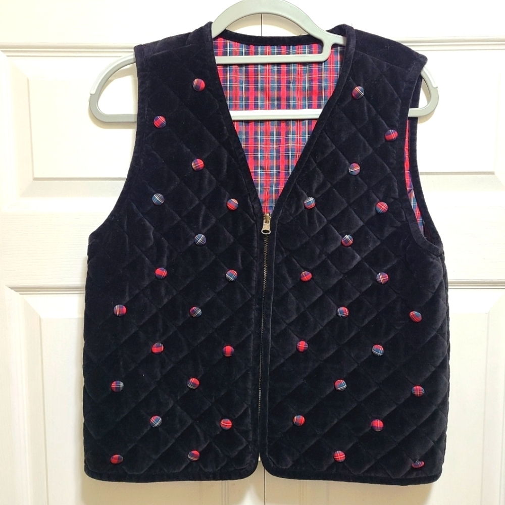 Black VELVET Vest Quilted‎ Plaid interior Plaid buttoned front size M
